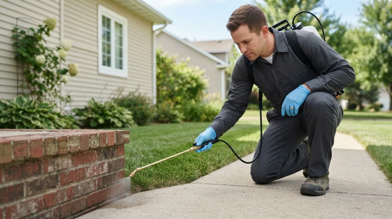 Pest control technician treating a home near Lavon, TX